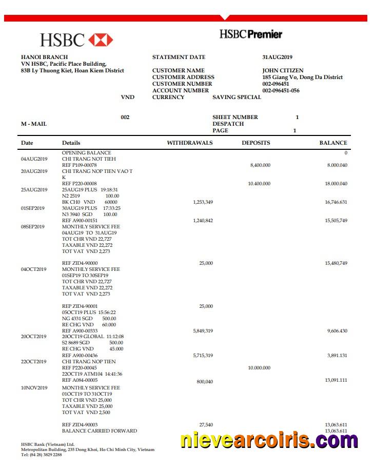 Vietnam HSBC bank statement